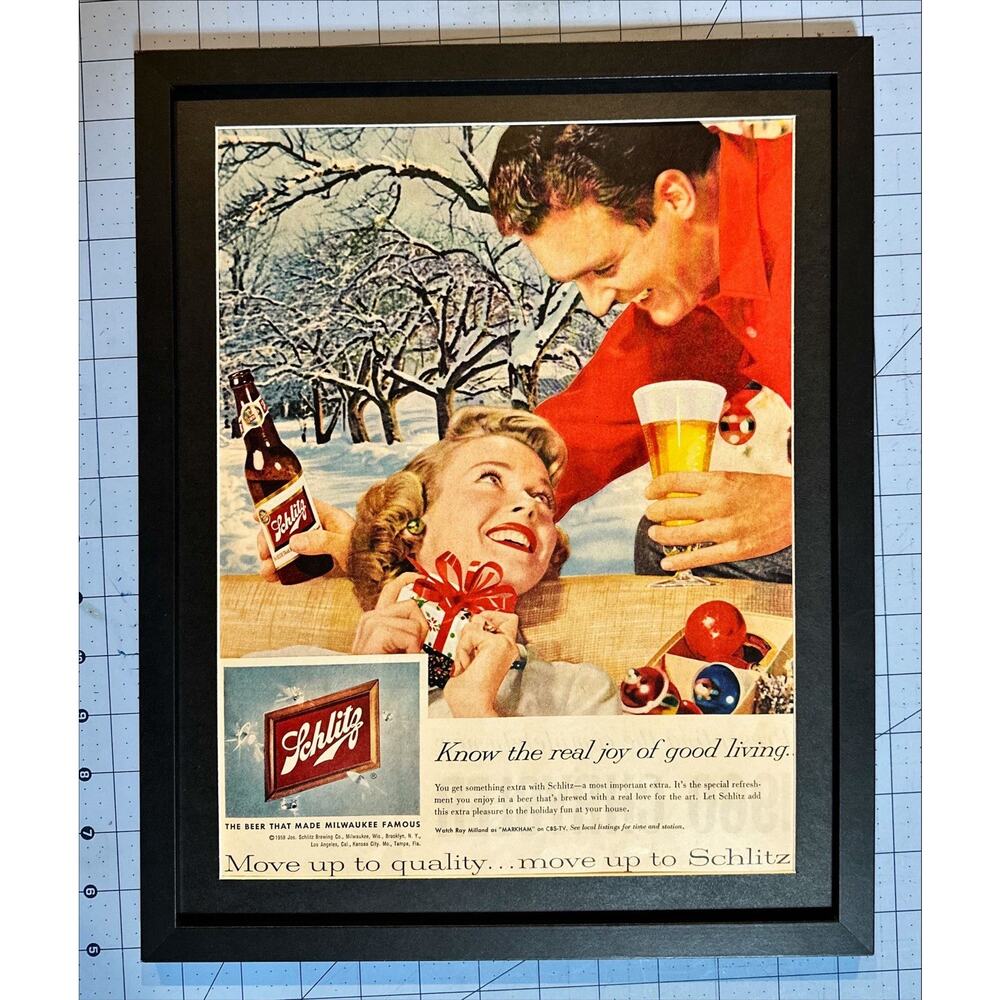 FRAMED Schlitz Beer 1959 Vintage Print Ad Retro Couple Christmas Snow Beer